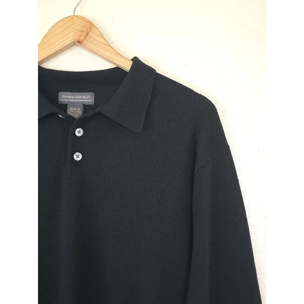 Banana Republic Extra Fine Italian Merino Wool Knit Polo Sweater Mens L Black Y2